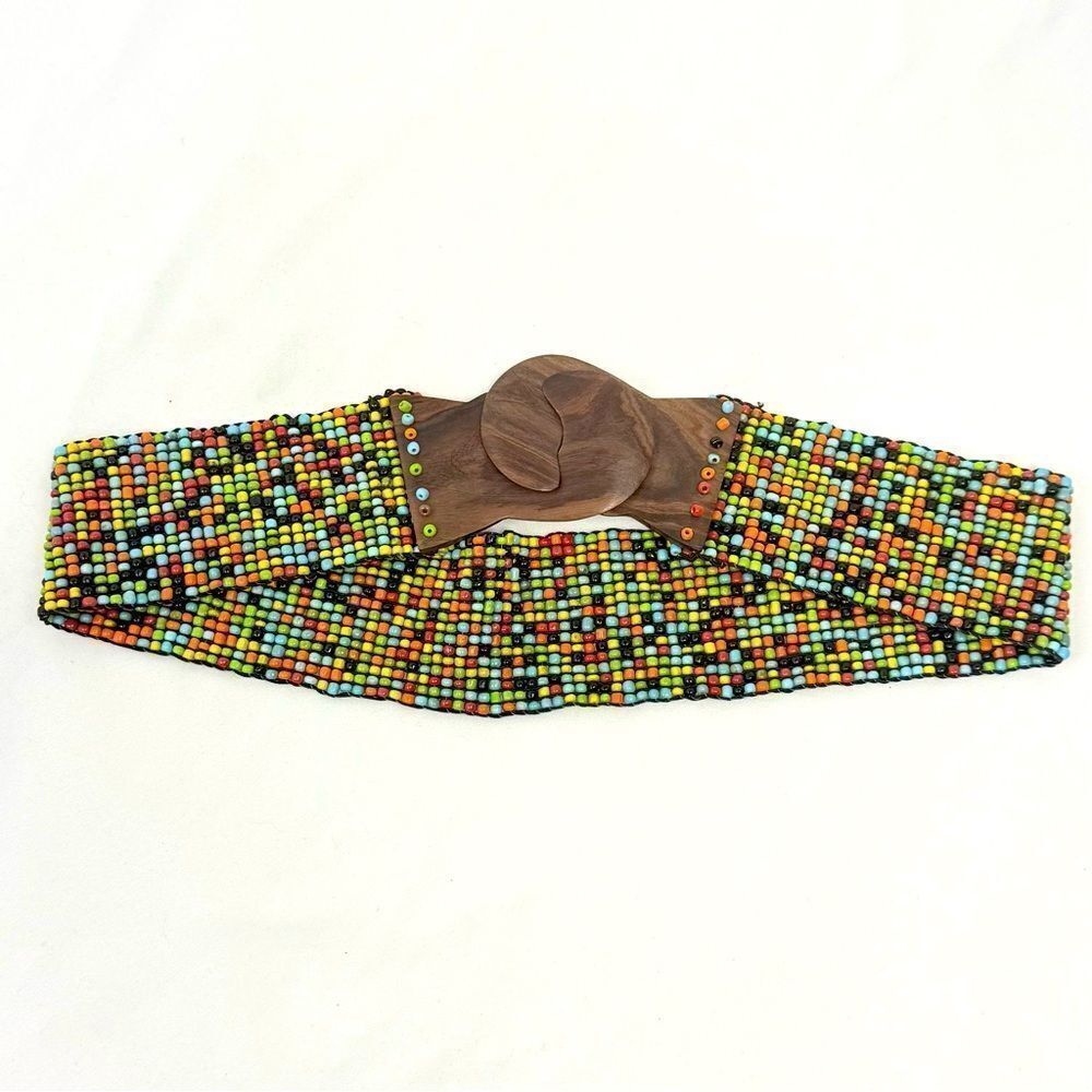Colorful Seed Bead Wood Clasp Buckle Boho Festival Ethnic Tribal Stretch Belt